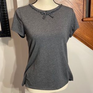 White House Black Market grey t-shirt with gemstone trim. Short sleeves.  Sz Sm